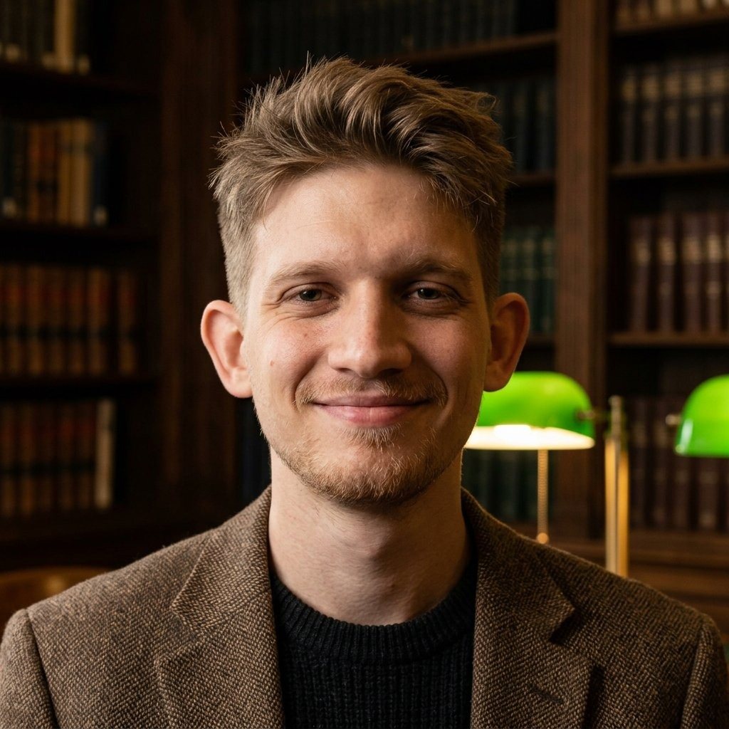 Philipp Paulik, portrait: smiling man with short brown hair, stubble and a tweed jacket over a black sweater, in front of bookshelves with green reading lamps